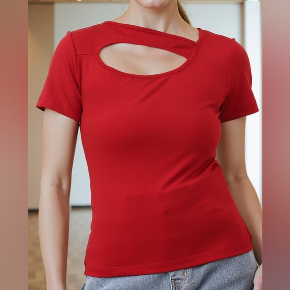 INC size Large Short Sleeve Stretch Top Cut Out‎ Chest Red - Picture 2 of 11